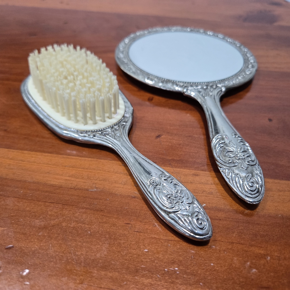Elegant Silver Hand Mirror and Brush Set